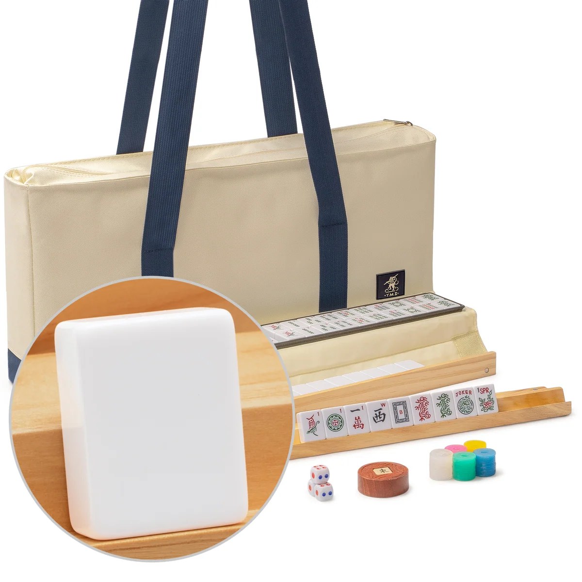 American Mahjong Set, "Harbor Snow" with Beige and Blue Canvas Tote Bag - 4 All-in-One Racks with Pushers, Wright Patterson Scoring Coins, D