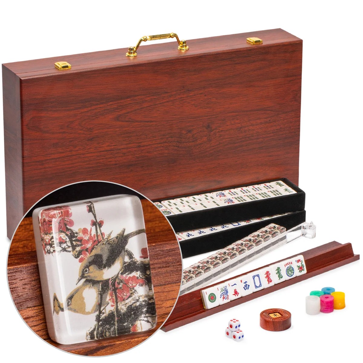 American Mahjong Set, "Little Birdie" with Wooden Case - Wooden Racks with Acrylic Pushers, Scoring Coins, Dice, and Wind Indicator