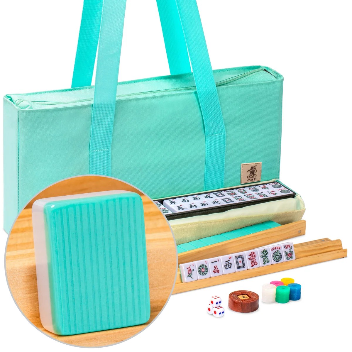 American Mahjong Set, "Seabreeze" with Green Soft Case - Racks with Pushers, Scoring Coins, Dice, and Wind Indicator