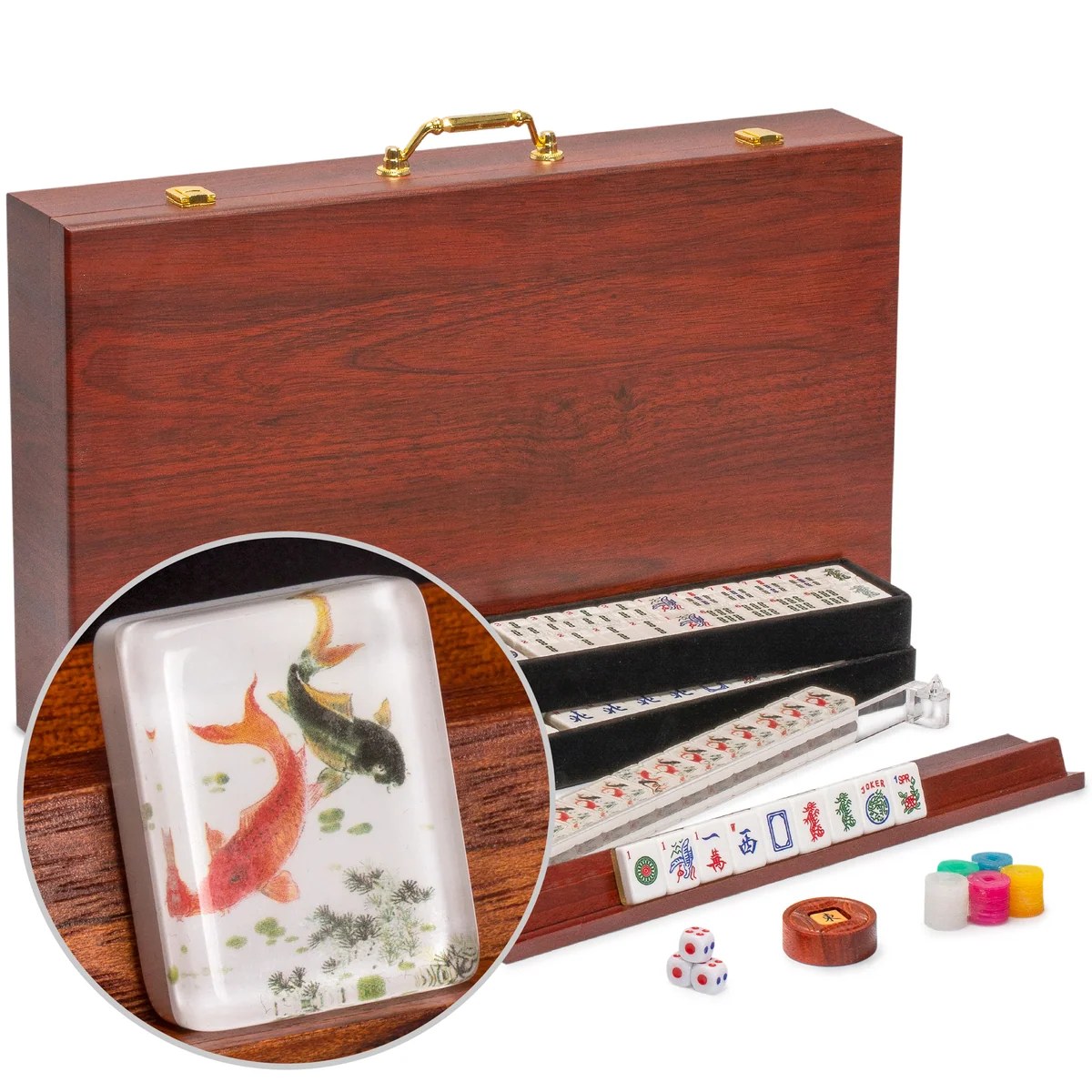 American Mahjong Set, "Koi Fish" with Wooden Case - 4 Wooden Racks, Acrylic Pushers, Scoring Coins, Dice, & Wind Indicator