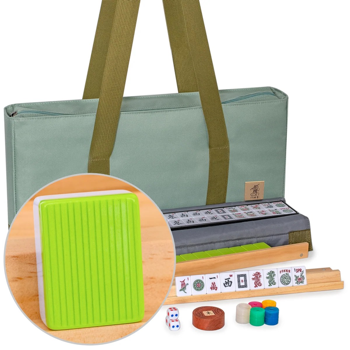 American Mahjong Set, “Verdant Spring” with Green Soft Case - 4 All-in-One Racks with Pushers, Wright Patterson Scoring Coins, Dice, & Wind